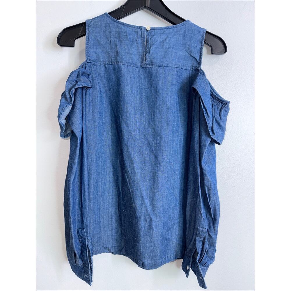 Loft chambray blue cold shoulder ruffle blouse size small petite - Picture 5 of 6